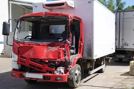 Red box truck smashed after getting into an accident